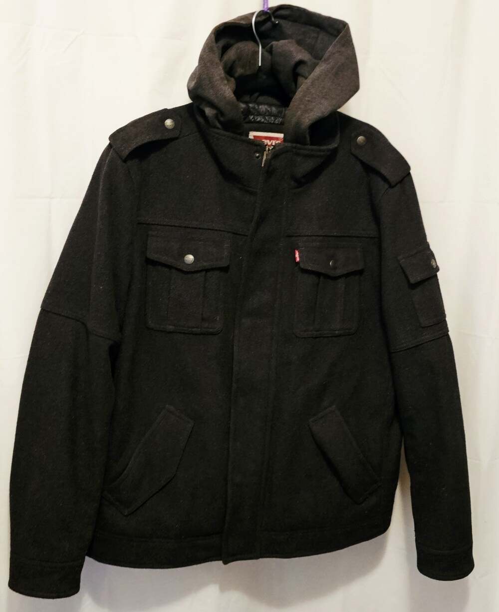 Levi's Men's Wool Blend Hooded Military Jacket With Jersey Hood Charcoal Size Lg